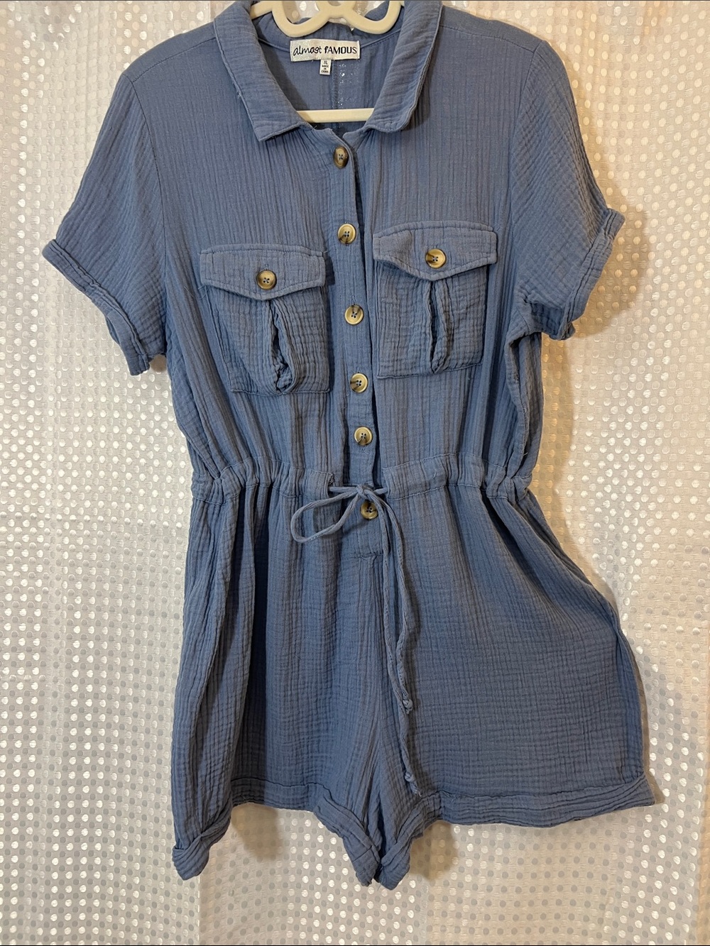 CUTE ALMOST FAMOUS Gauzy Steel Blue Button-Up Romper w/Adjustable Tie Waist